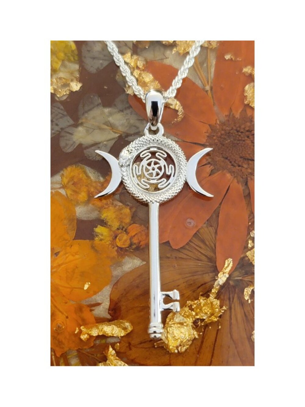 Triple Moon Goddess Hecate Key Pendant 925 Sterling Silver 20" Rope Chain NWT